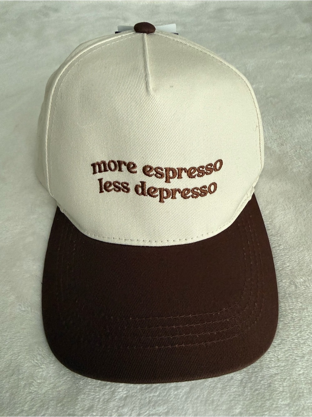 David and Young Cream and Brown 'More Espresso Less Depresso' Baseball Cap NWT